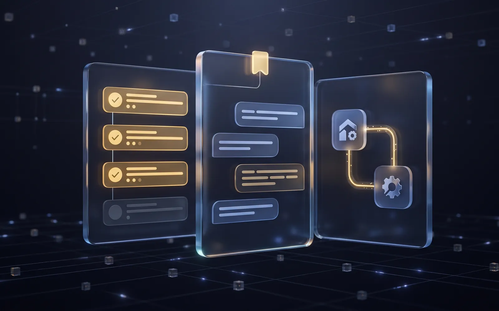 Illustration of a campaign sequence, a conversation and two synced apps over a grid of services