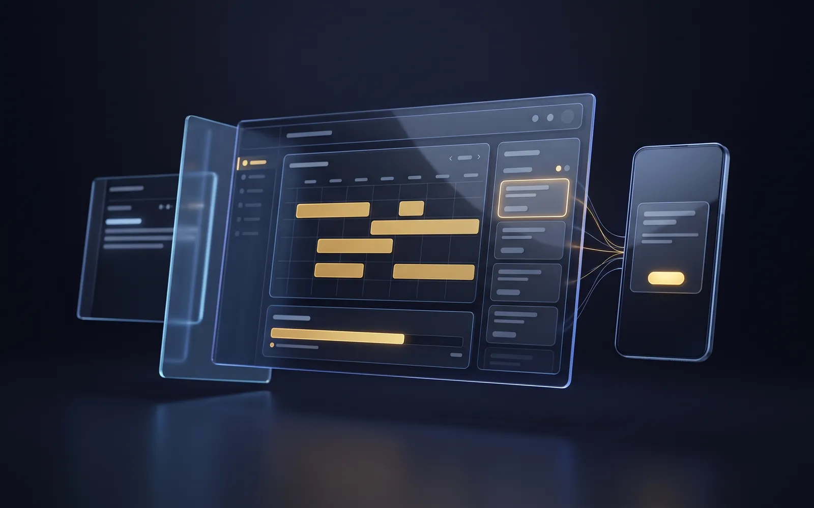 Illustration of a shift-scheduling dashboard and a phone, linked by threads of light